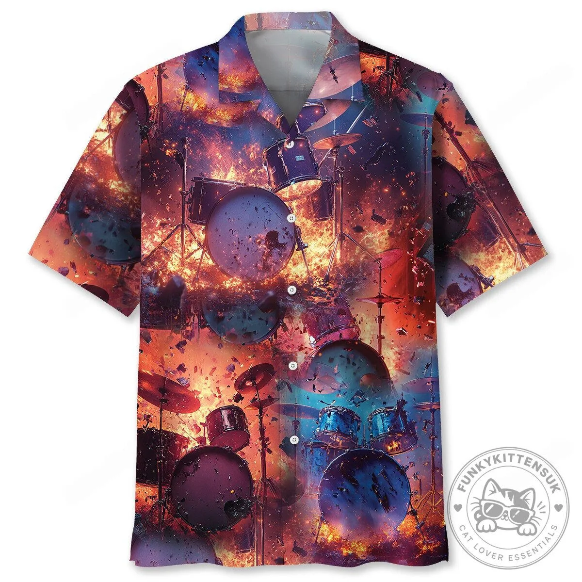 Exploding Drum Kit Fire Pattern Men's Short Sleeve Button Down Hawaiian Shirt